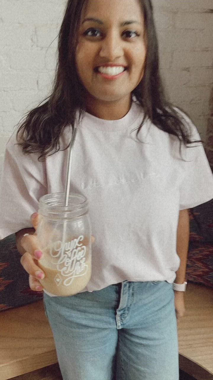 late with a latte embroidered top