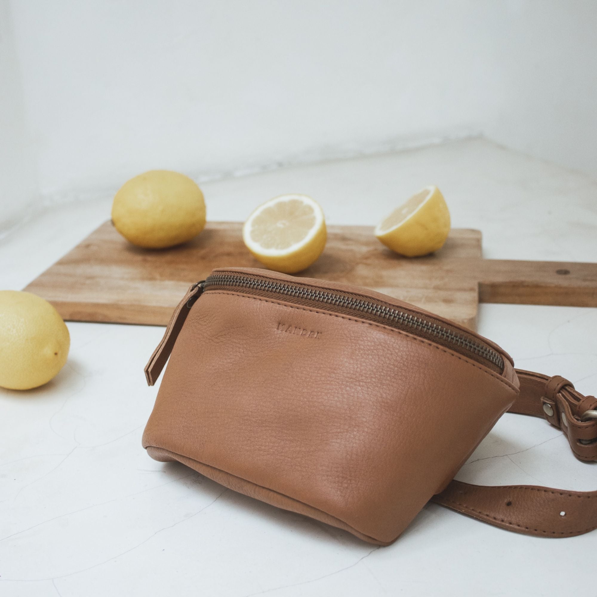 the remy leather fanny pack-- tan